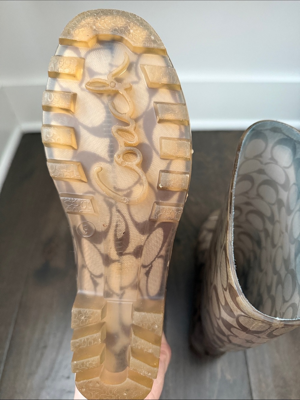 Coach Brown Signature Pattern Rain Boots - Women's Tall Waterproof - Picture 3 of 8